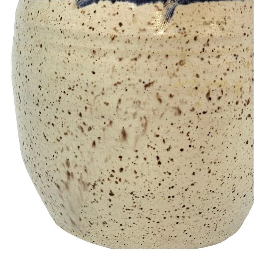 Vintage Handmade Speckled‎ Salt Glazed Beige & Cobalt Blue Signed Vase Pottery